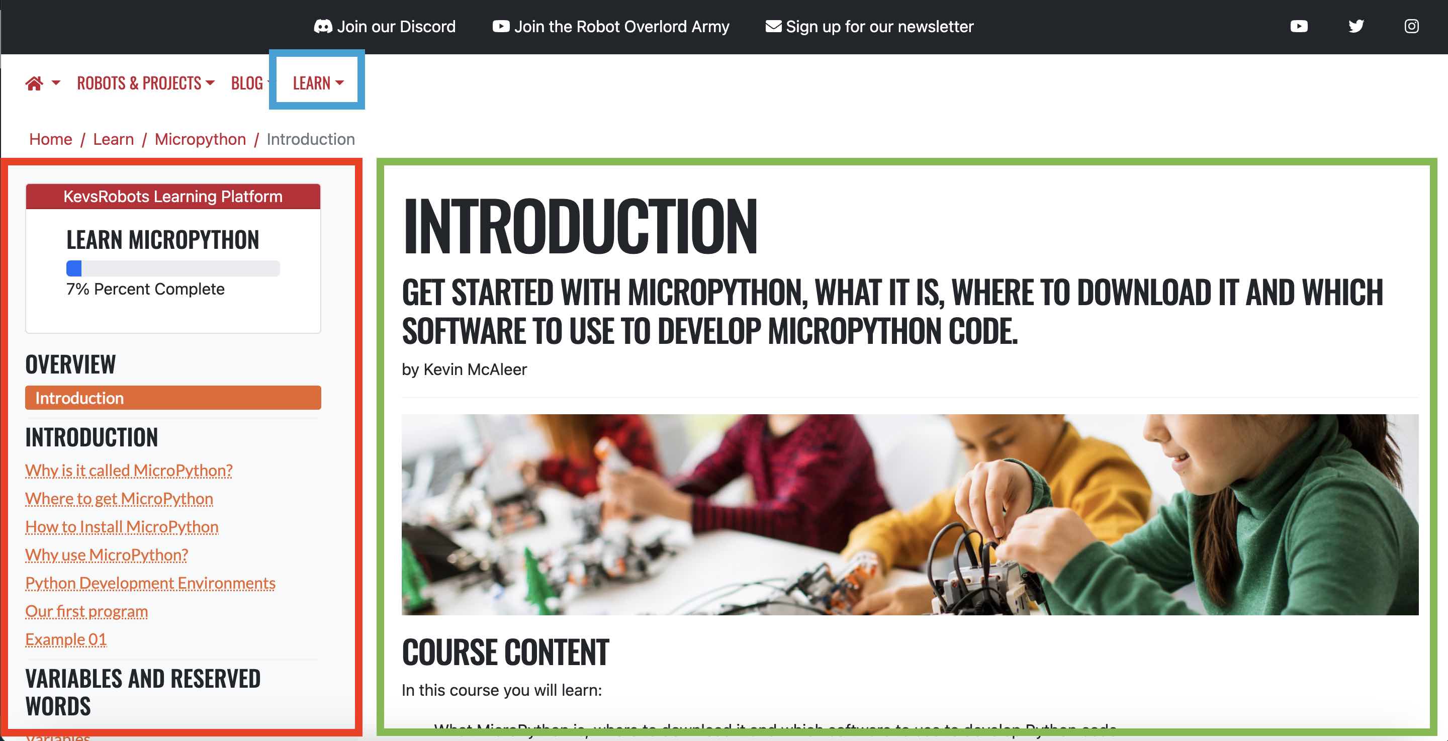 Learning Platform Screen layout