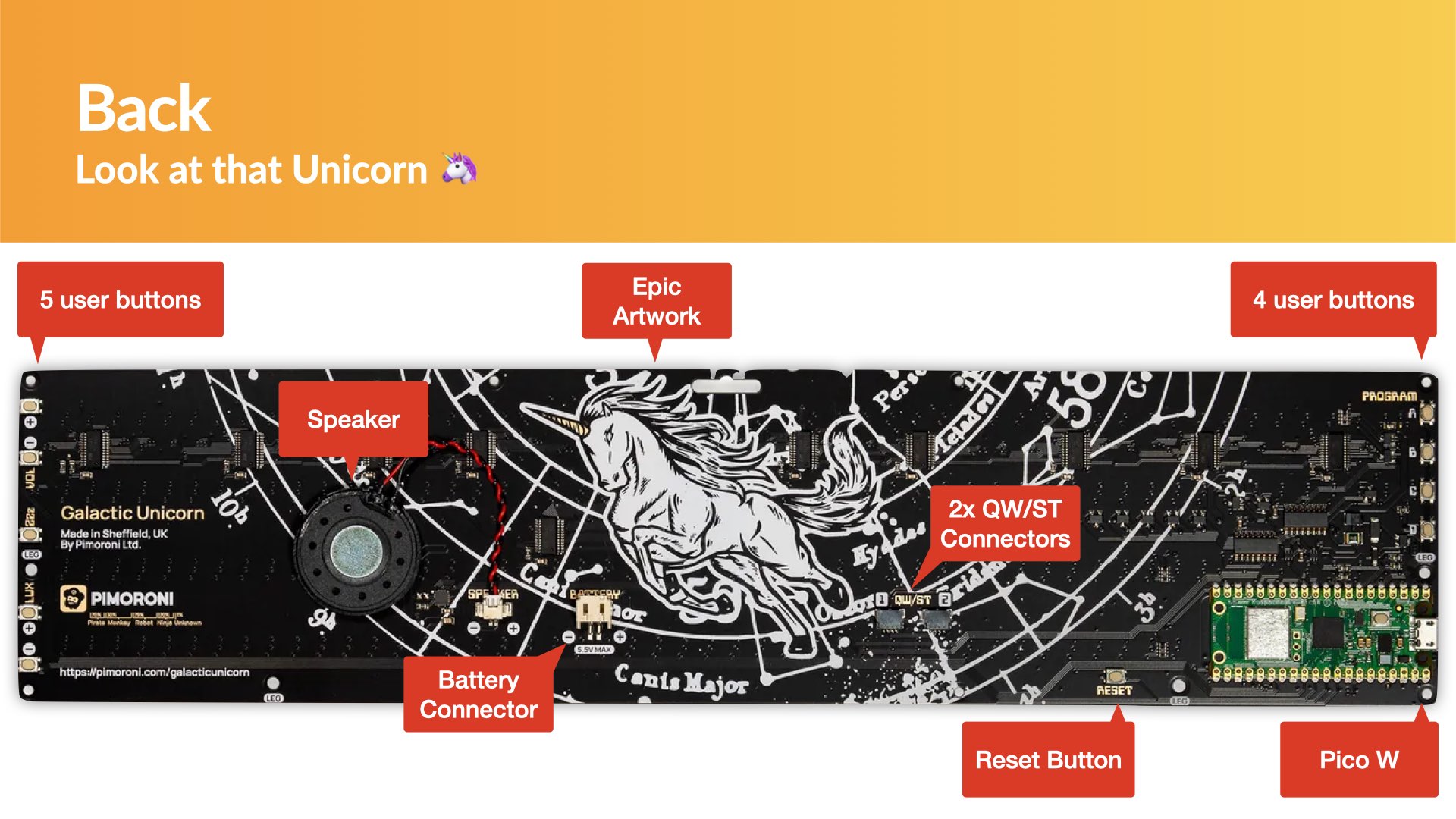 Front view of the Pimoroni Galactic Unicorn