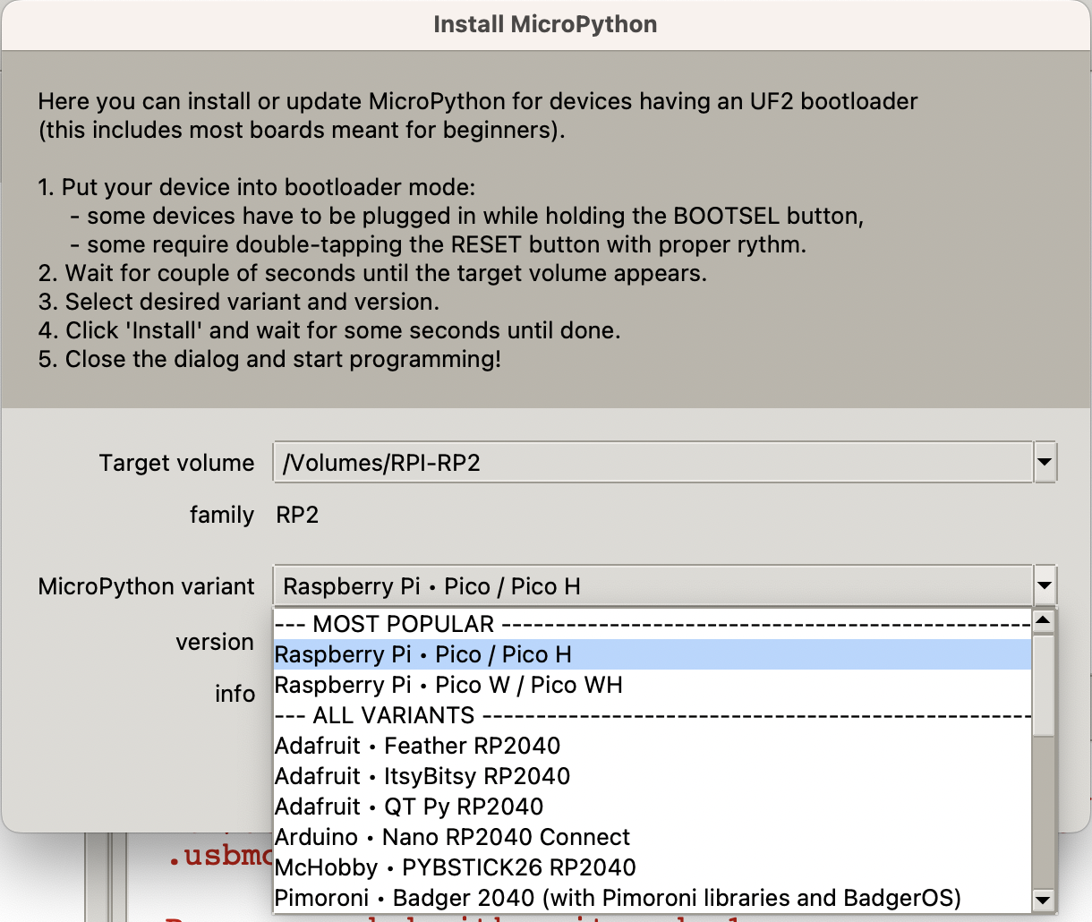 Screenshot of the Thonny Install dialog box