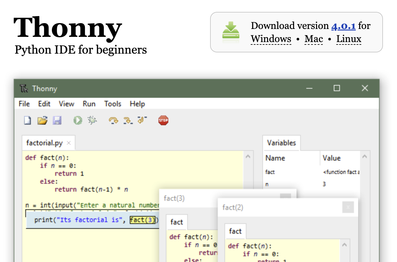 Screenshot of the Thonny download page